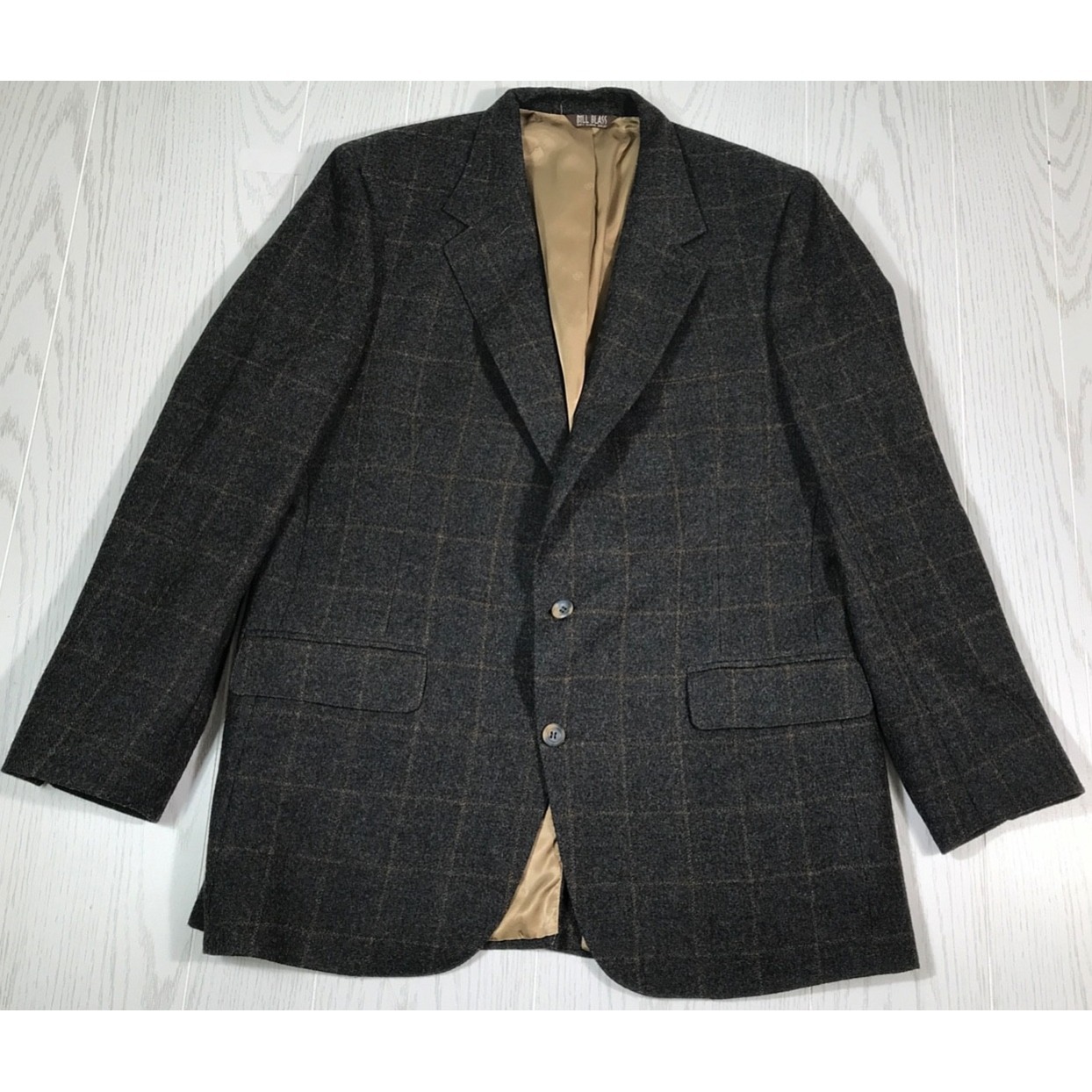 Vintage Bill Blass Wool Blazer Sport Coat Men 44 Brown Windowpane 2 Button 80s